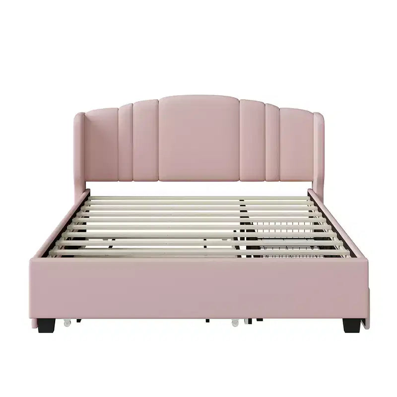 Lit plateforme rembourré avec tête de lit capitonnée, lit gigogne simple et 2 tiroirs, rose