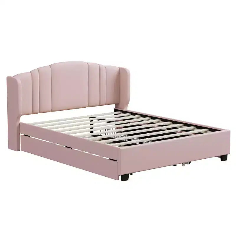 Lit plateforme rembourré avec tête de lit capitonnée, lit gigogne simple et 2 tiroirs, rose