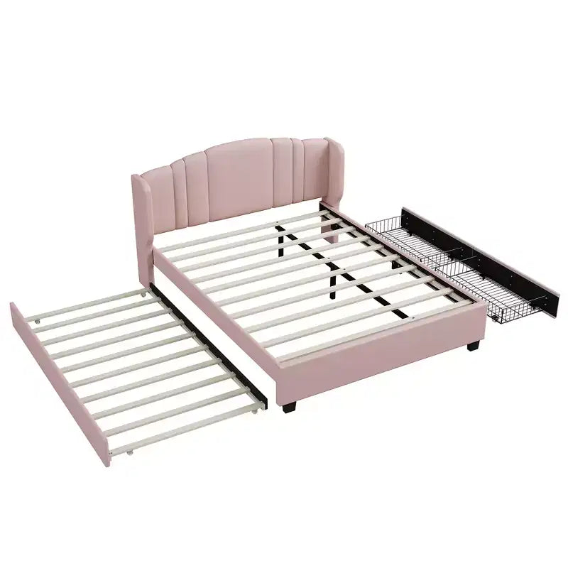 Lit plateforme rembourré avec tête de lit capitonnée, lit gigogne simple et 2 tiroirs, rose