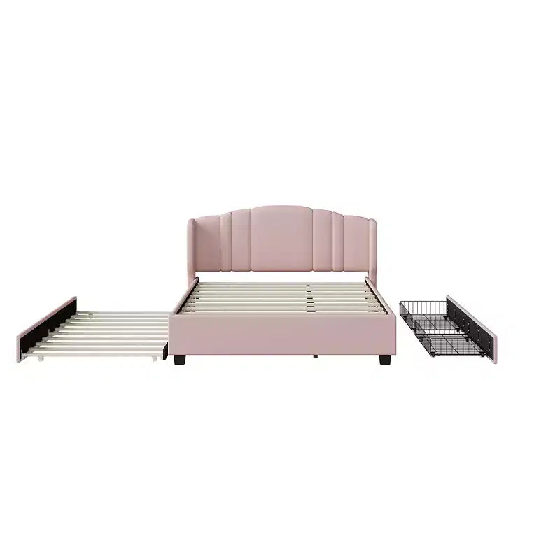 Lit plateforme rembourré avec tête de lit capitonnée, lit gigogne simple et 2 tiroirs, rose