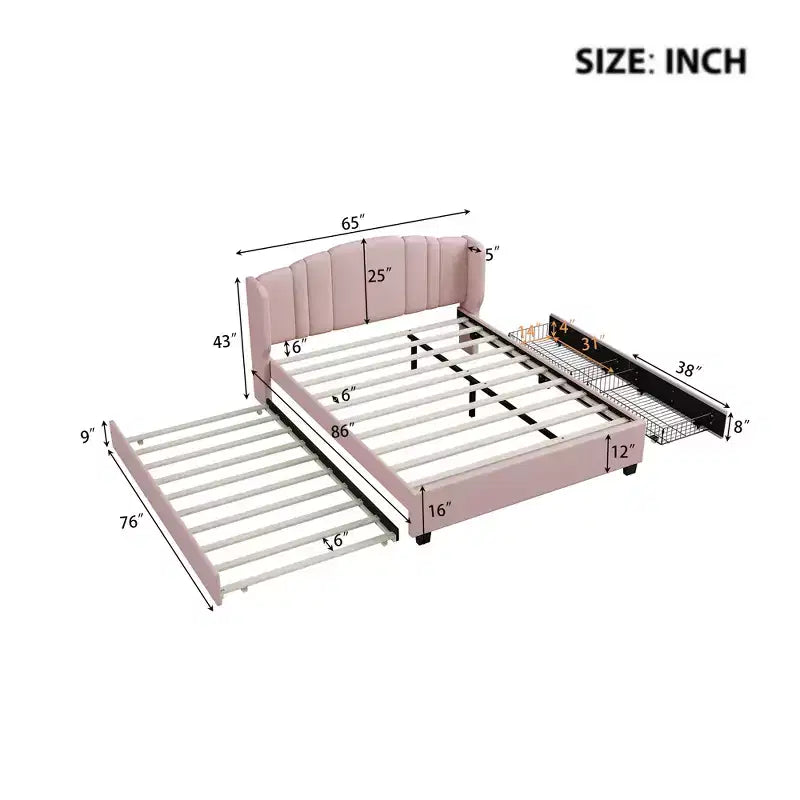 Lit plateforme rembourré avec tête de lit capitonnée, lit gigogne simple et 2 tiroirs, rose