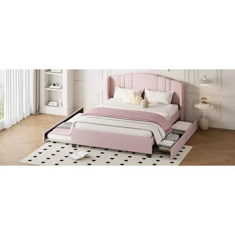 Lit plateforme rembourré avec tête de lit capitonnée, lit gigogne simple et 2 tiroirs, rose