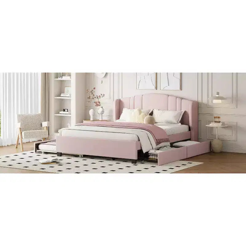 Lit plateforme rembourré avec tête de lit capitonnée, lit gigogne simple et 2 tiroirs, rose