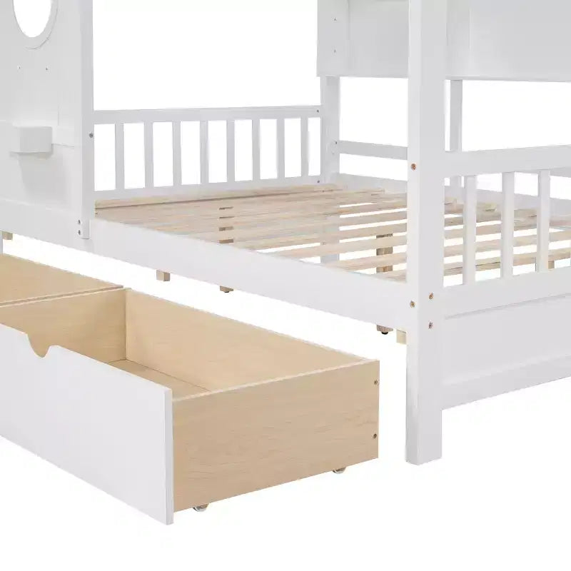 Lit cabane en bois avec 2 tiroirs et étagère de rangement pour enfants, blanc