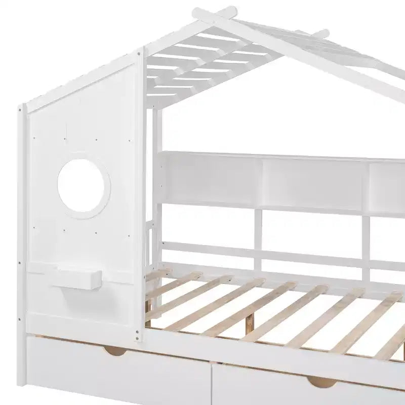 Lit cabane en bois avec 2 tiroirs et étagère de rangement pour enfants, blanc