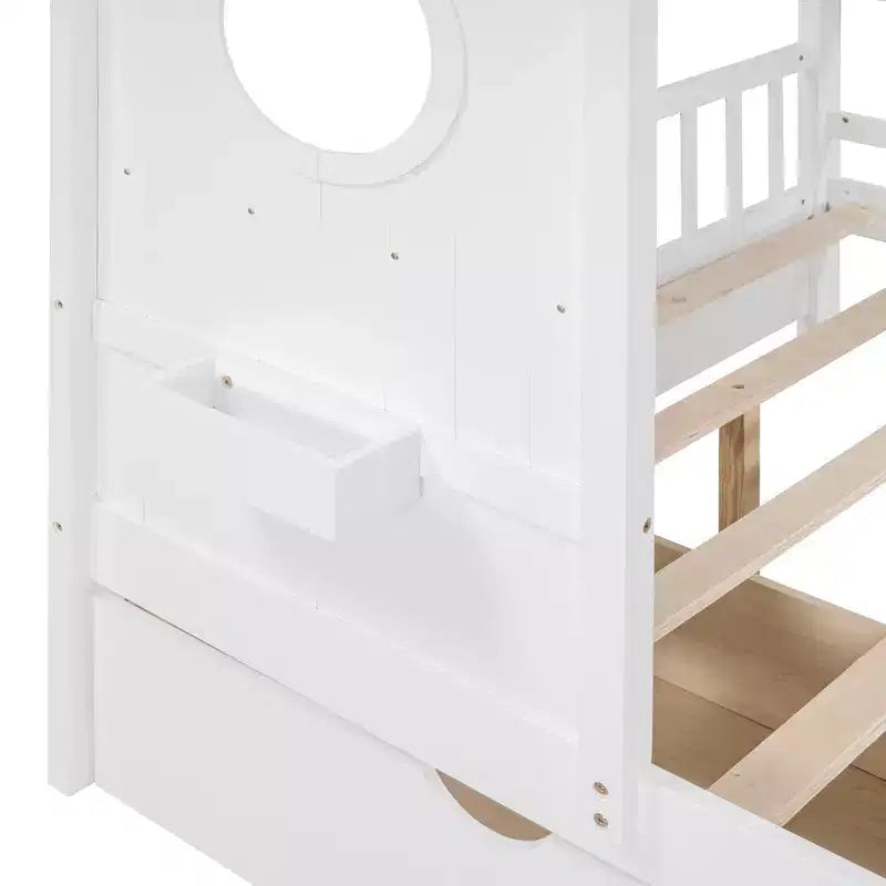 Lit cabane en bois avec 2 tiroirs et étagère de rangement pour enfants, blanc