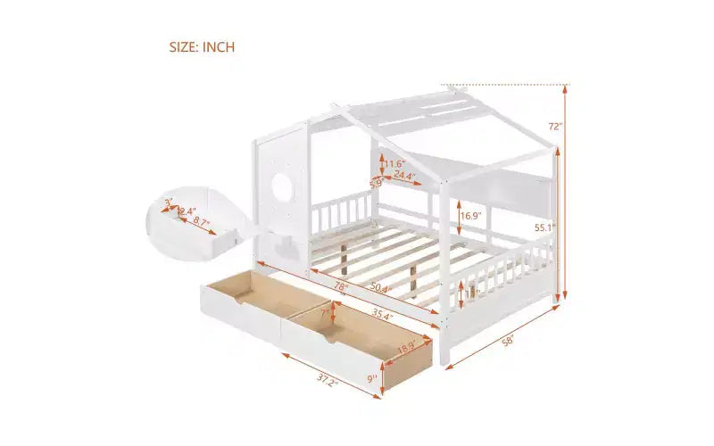 Lit cabane en bois avec 2 tiroirs et étagère de rangement pour enfants, blanc