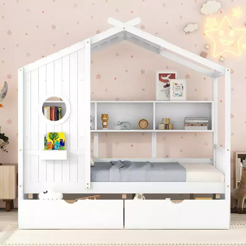 Lit cabane en bois avec 2 tiroirs et étagère de rangement pour enfants, blanc