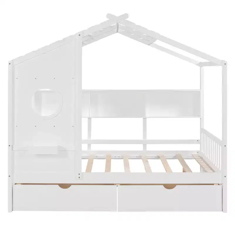 Lit cabane en bois avec 2 tiroirs et étagère de rangement pour enfants, blanc