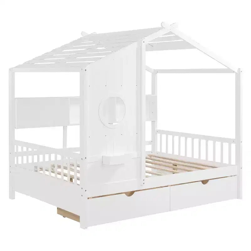 Lit cabane en bois avec 2 tiroirs et étagère de rangement pour enfants, blanc