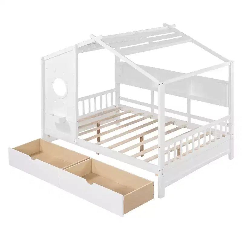 Lit cabane en bois avec 2 tiroirs et étagère de rangement pour enfants, blanc