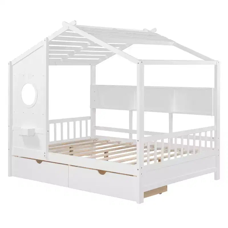 Lit cabane en bois avec 2 tiroirs et étagère de rangement pour enfants, blanc