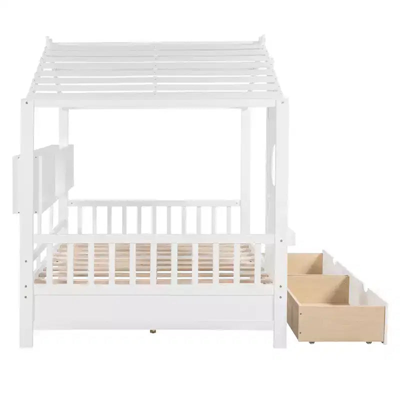 Lit cabane en bois avec 2 tiroirs et étagère de rangement pour enfants, blanc