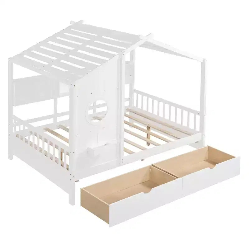 Lit cabane en bois avec 2 tiroirs et étagère de rangement pour enfants, blanc