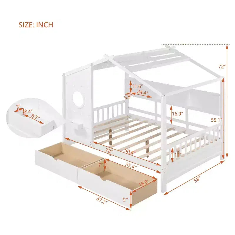 Lit cabane en bois avec 2 tiroirs et étagère de rangement pour enfants, blanc