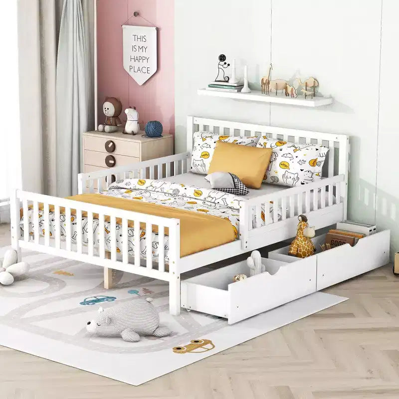 Full Wood Platform Bed with Guardrails and 2 Storage Drawers, White