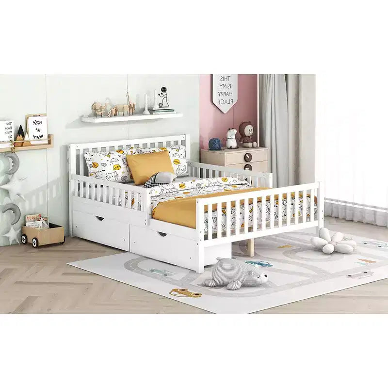 Lit plateforme entièrement en bois avec barrières de sécurité et 2 tiroirs de rangement, blanc