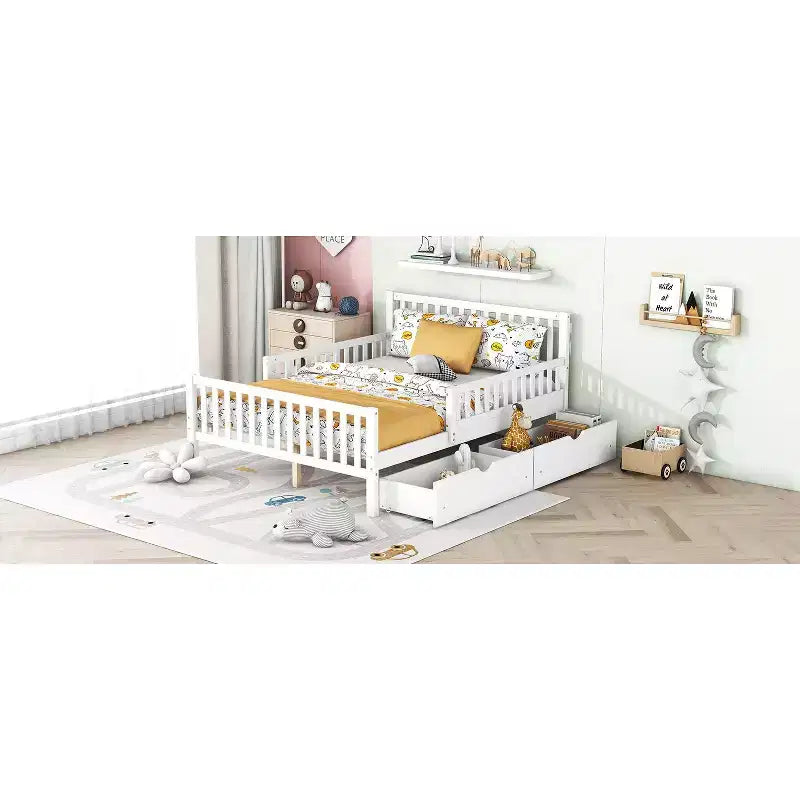 Lit plateforme entièrement en bois avec barrières de sécurité et 2 tiroirs de rangement, blanc