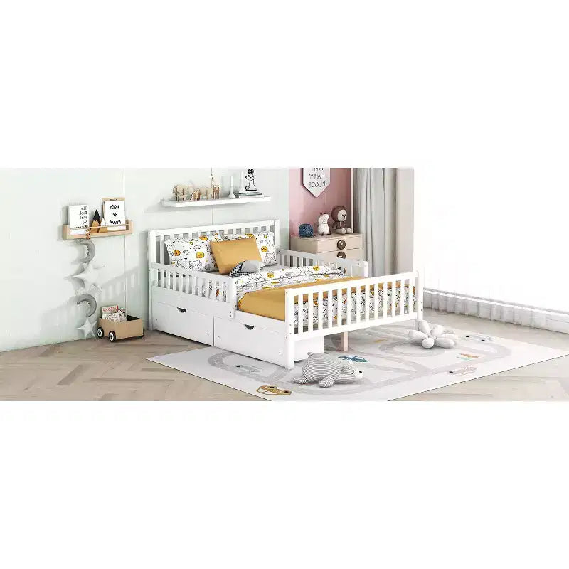Lit plateforme entièrement en bois avec barrières de sécurité et 2 tiroirs de rangement, blanc