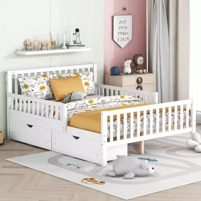 Lit plateforme entièrement en bois avec barrières de sécurité et 2 tiroirs de rangement, blanc