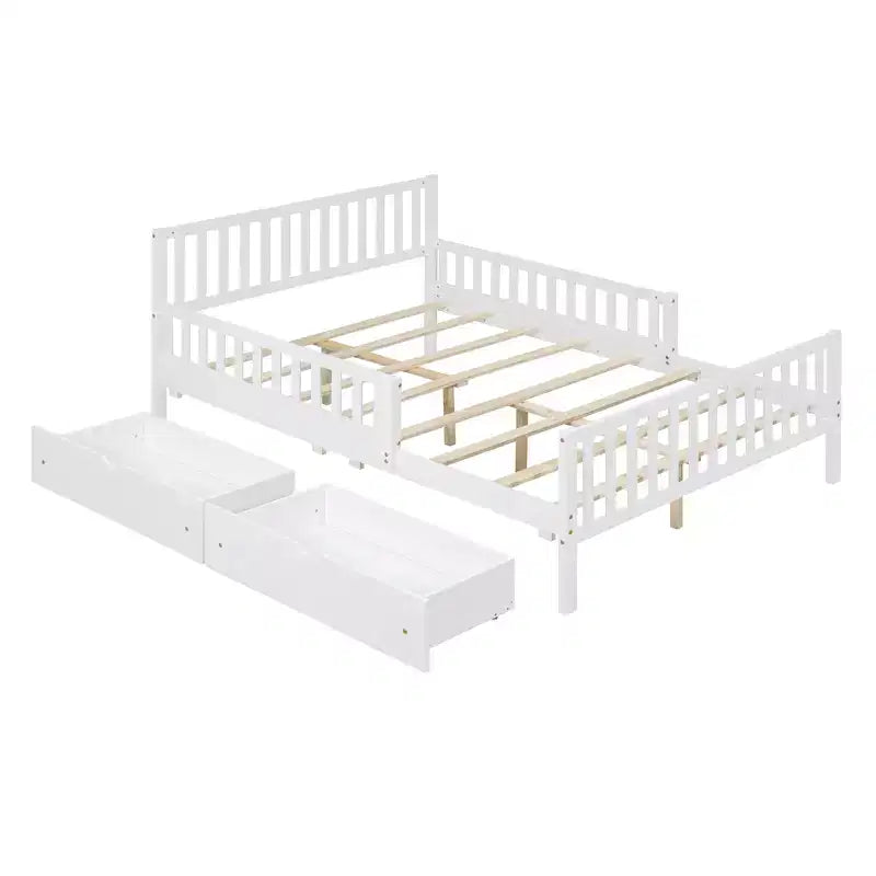 Lit plateforme entièrement en bois avec barrières de sécurité et 2 tiroirs de rangement, blanc