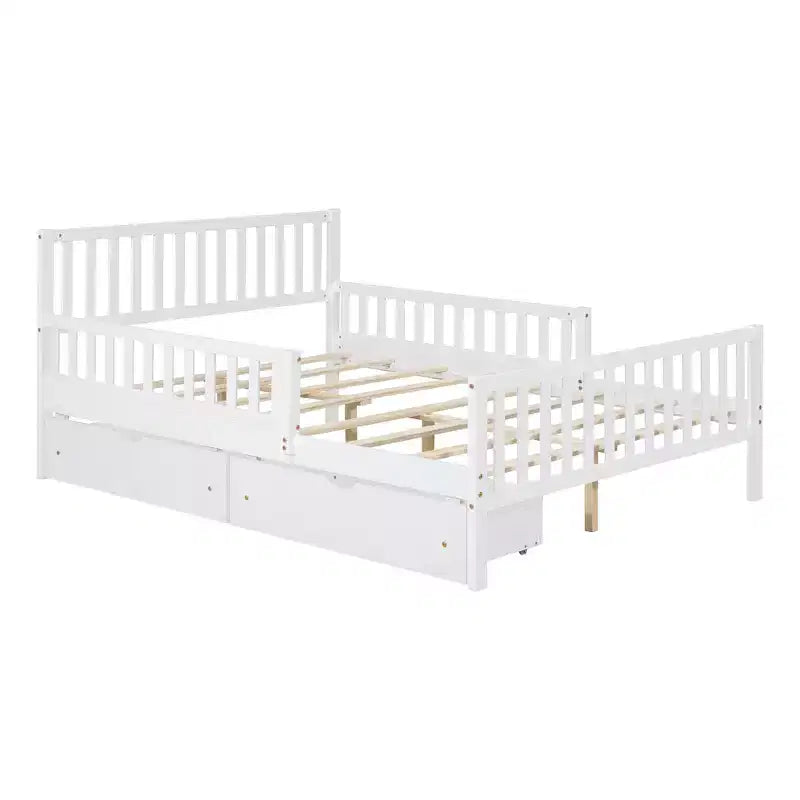 Lit plateforme entièrement en bois avec barrières de sécurité et 2 tiroirs de rangement, blanc