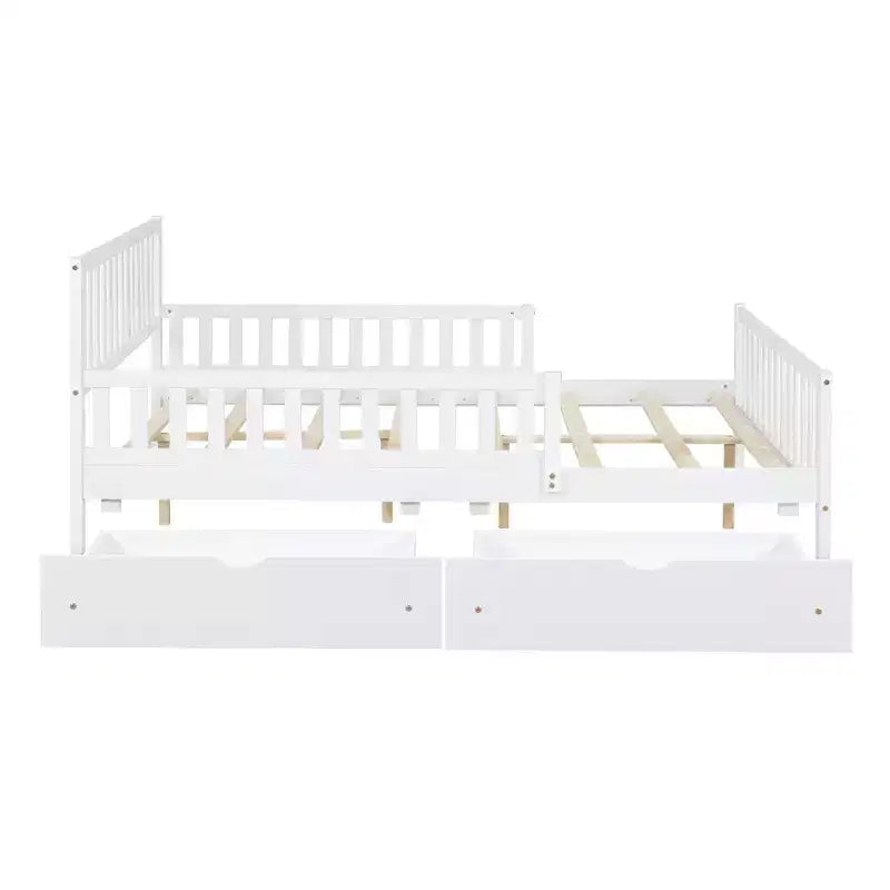 Lit plateforme entièrement en bois avec barrières de sécurité et 2 tiroirs de rangement, blanc