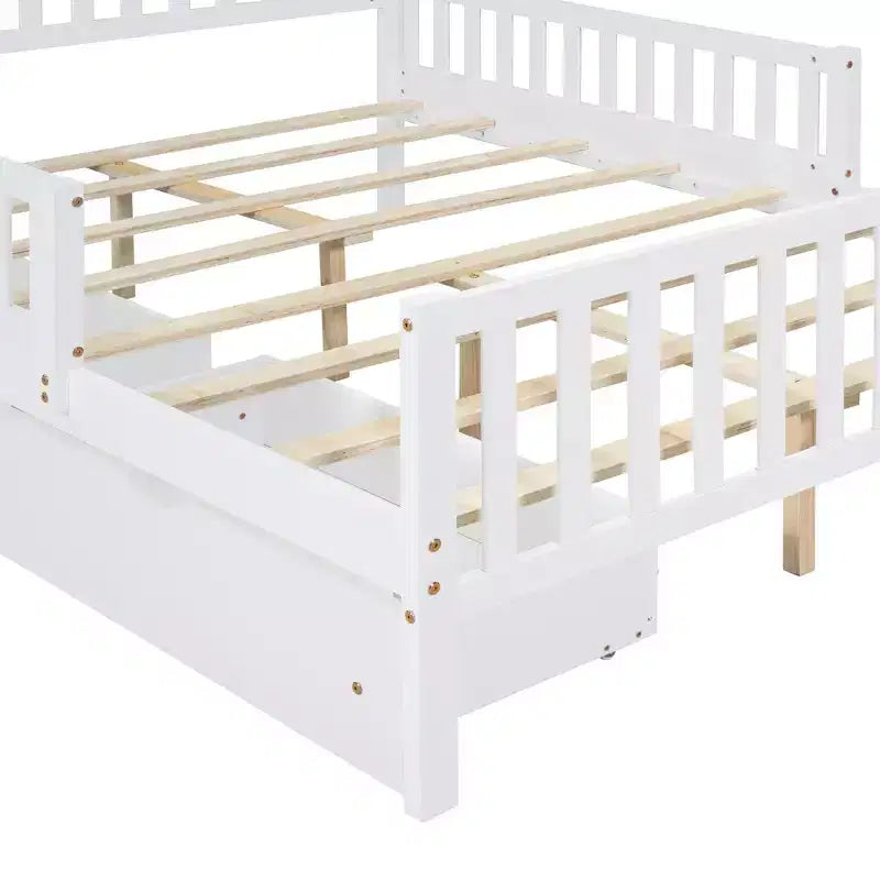Lit plateforme entièrement en bois avec barrières de sécurité et 2 tiroirs de rangement, blanc