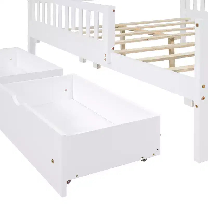 Lit plateforme entièrement en bois avec barrières de sécurité et 2 tiroirs de rangement, blanc