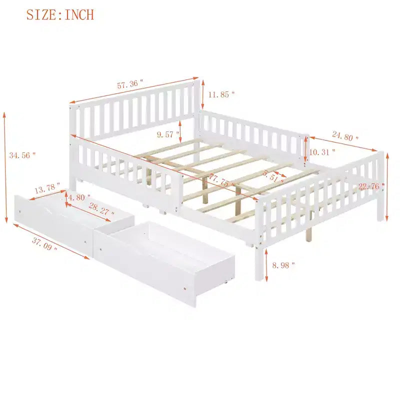 Lit plateforme entièrement en bois avec barrières de sécurité et 2 tiroirs de rangement, blanc