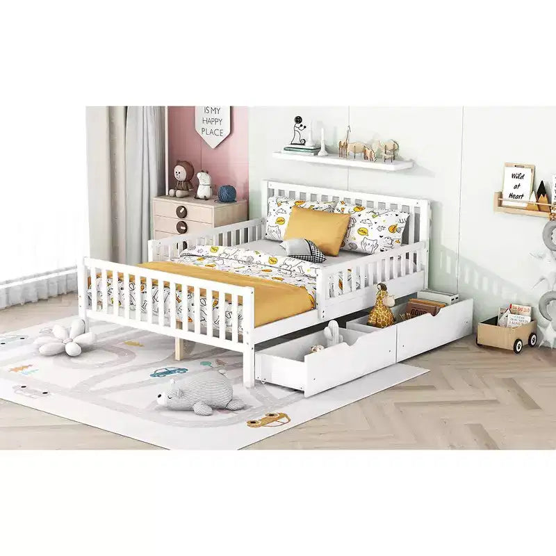 Lit plateforme entièrement en bois avec barrières de sécurité et 2 tiroirs de rangement, blanc