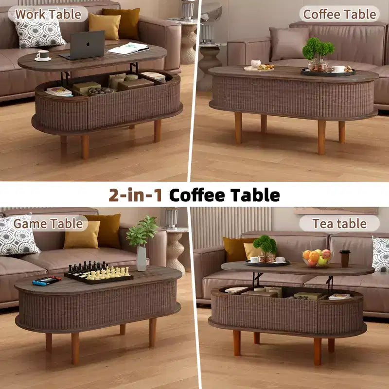Table basse ovale relevable cannelée avec compartiment de rangement caché, table d'appoint en bois, table relevable moderne pour salon, bureau à domicile, couleur noyer