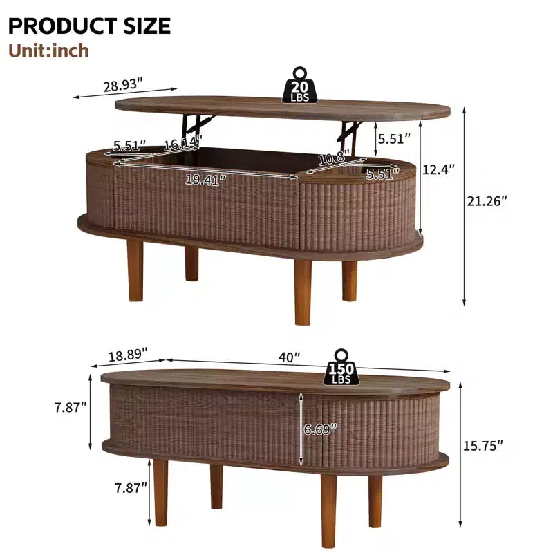 Table basse ovale relevable cannelée avec compartiment de rangement caché, table d'appoint en bois, table relevable moderne pour salon, bureau à domicile, couleur noyer