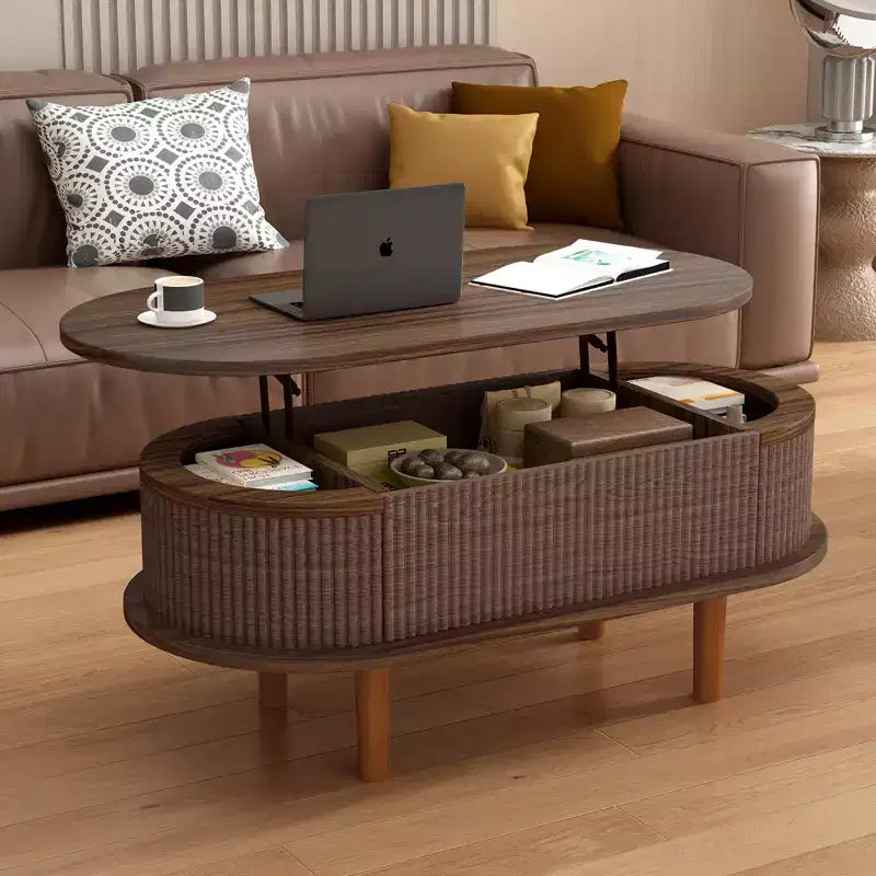 Table basse ovale relevable cannelée avec compartiment de rangement caché, table d'appoint en bois, table relevable moderne pour salon, bureau à domicile, couleur noyer