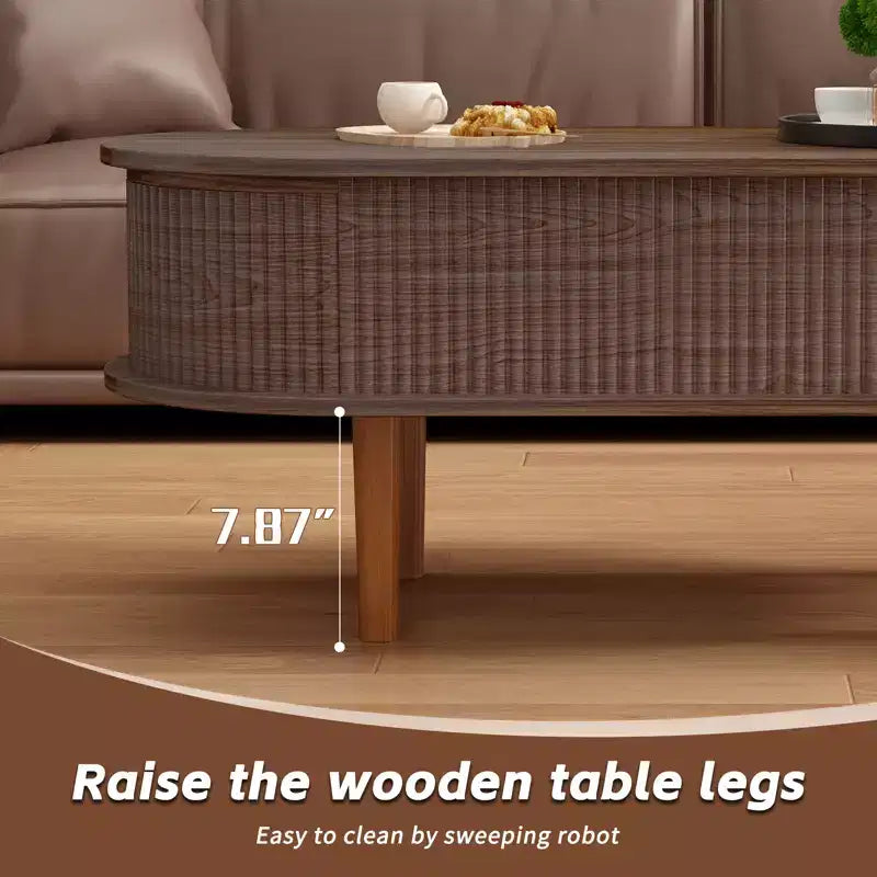 Table basse ovale relevable cannelée avec compartiment de rangement caché, table d'appoint en bois, table relevable moderne pour salon, bureau à domicile, couleur noyer