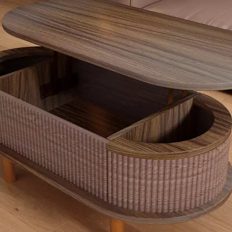 Table basse ovale relevable cannelée avec compartiment de rangement caché, table d'appoint en bois, table relevable moderne pour salon, bureau à domicile, couleur noyer