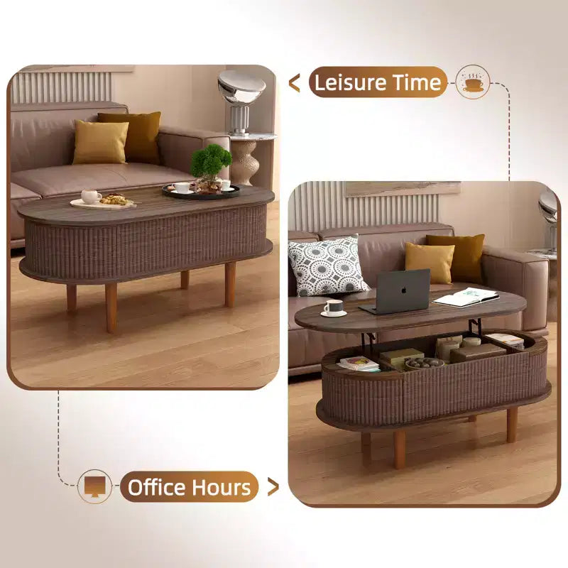Table basse ovale relevable cannelée avec compartiment de rangement caché, table d'appoint en bois, table relevable moderne pour salon, bureau à domicile, couleur noyer