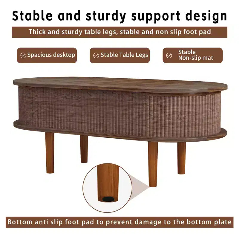 Table basse ovale relevable cannelée avec compartiment de rangement caché, table d'appoint en bois, table relevable moderne pour salon, bureau à domicile, couleur noyer
