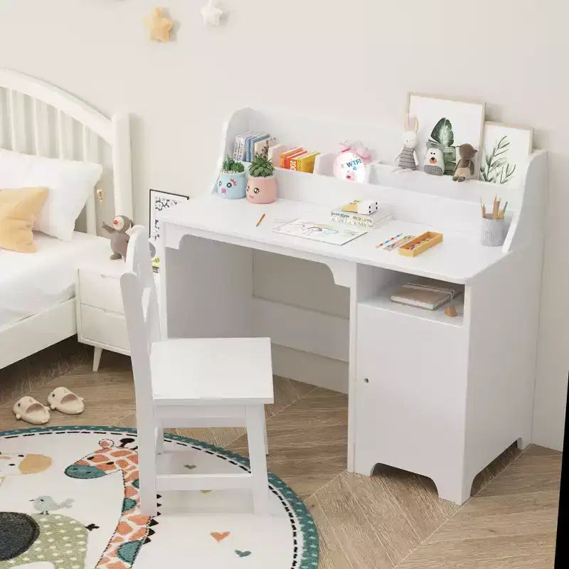 Bureau et chaise pour enfants en bois avec étagère de rangement, poste de travail et d'étude avec armoire et bibliothèque pour chambre ou salle de jeux