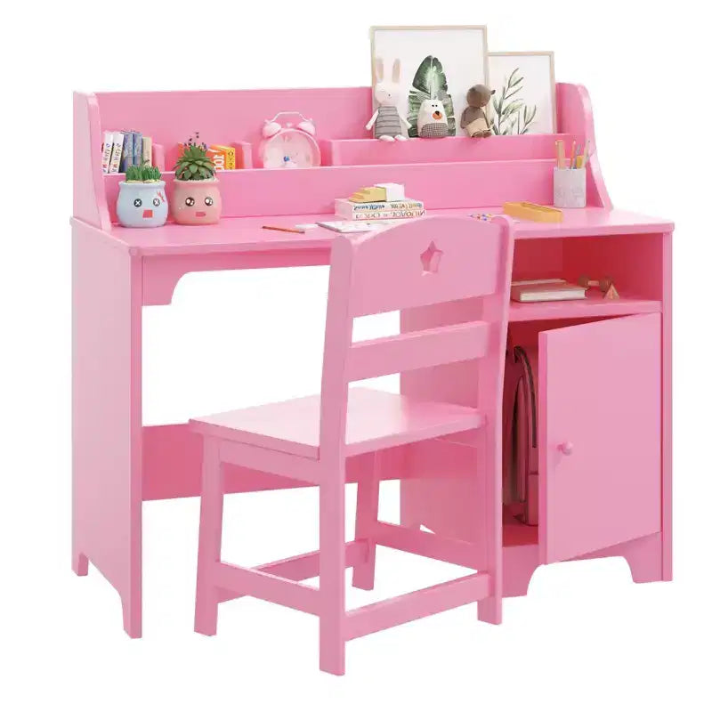Bureau et chaise pour enfants en bois avec étagère de rangement, poste de travail et d'étude avec armoire et bibliothèque pour chambre ou salle de jeux
