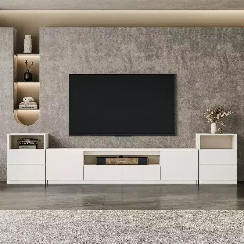 Meuble TV moderne de 300,2 cm pour téléviseurs de 55/65/75 pouces, console média comprenant un meuble TV et 2 tiroirs de rangement pour salon