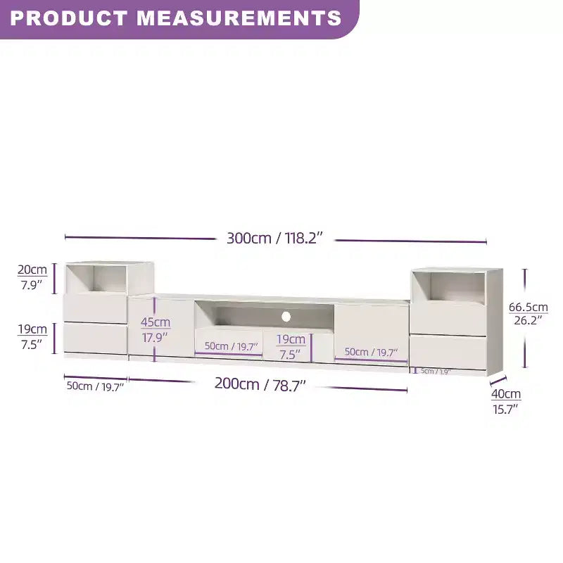 Meuble TV moderne de 300,2 cm pour téléviseurs de 55/65/75 pouces, console média comprenant un meuble TV et 2 tiroirs de rangement pour salon