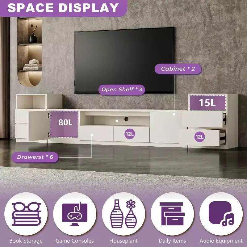 Meuble TV moderne de 300,2 cm pour téléviseurs de 55/65/75 pouces, console média comprenant un meuble TV et 2 tiroirs de rangement pour salon