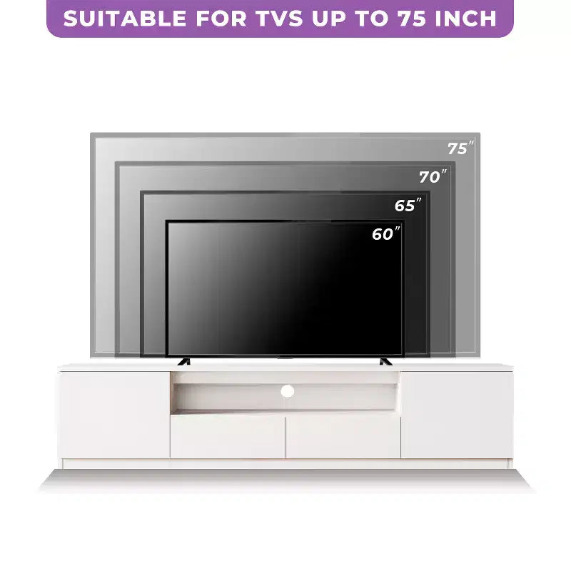 Meuble TV moderne de 300,2 cm pour téléviseurs de 55/65/75 pouces, console média comprenant un meuble TV et 2 tiroirs de rangement pour salon