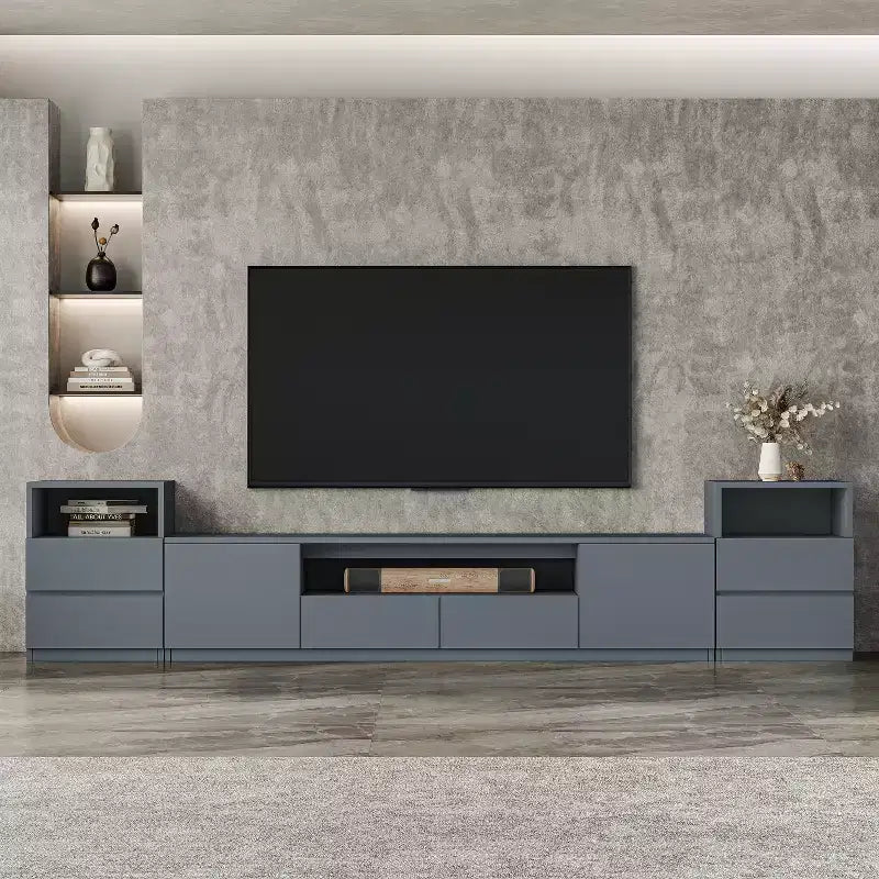 Meuble TV moderne de 300,2 cm pour téléviseurs de 55/65/75 pouces, console média comprenant un meuble TV et 2 tiroirs de rangement pour salon
