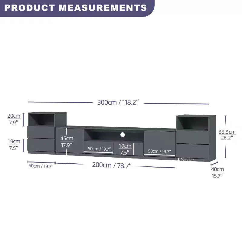 Meuble TV moderne de 300,2 cm pour téléviseurs de 55/65/75 pouces, console média comprenant un meuble TV et 2 tiroirs de rangement pour salon