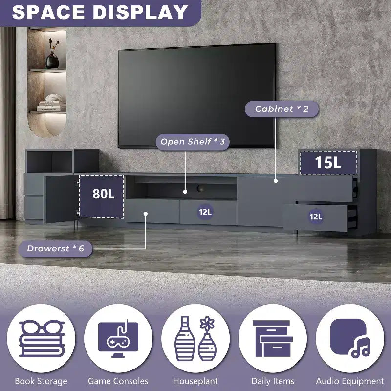Meuble TV moderne de 300,2 cm pour téléviseurs de 55/65/75 pouces, console média comprenant un meuble TV et 2 tiroirs de rangement pour salon