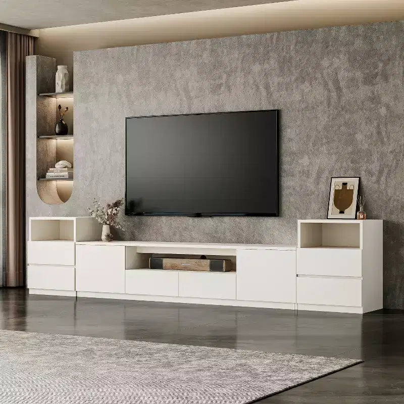 Meuble TV moderne de 300,2 cm pour téléviseurs de 55/65/75 pouces, console média comprenant un meuble TV et 2 tiroirs de rangement pour salon