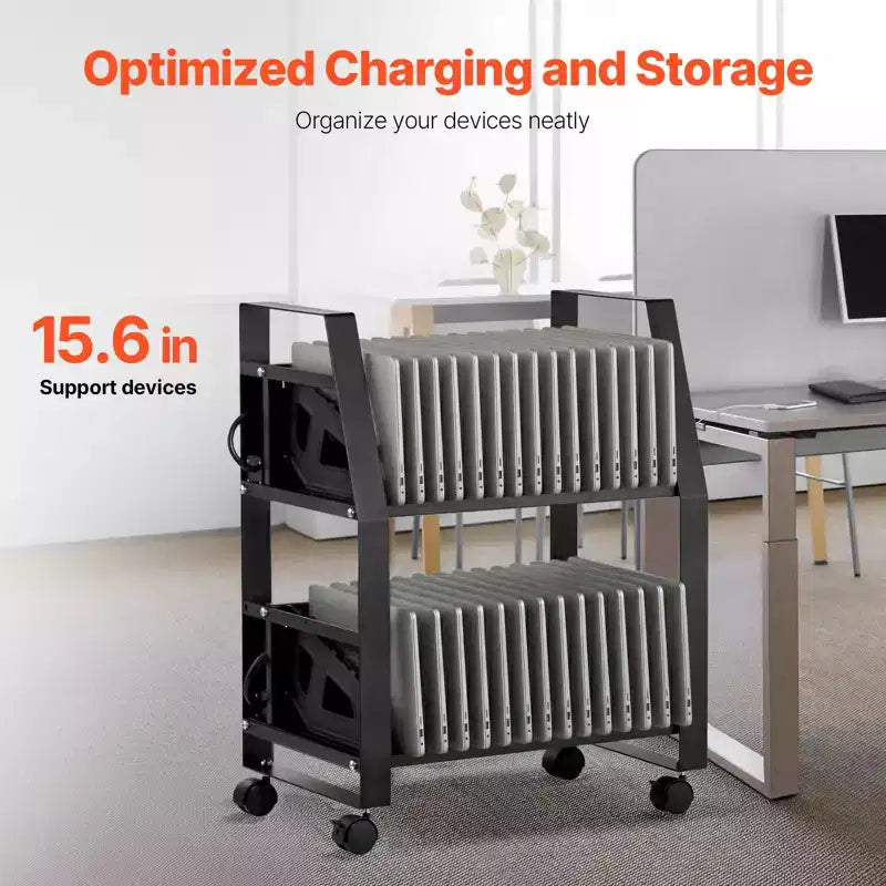 Chariot de recharge pour ordinateurs portables, station de recharge mobile ouverte à 32 appareils avec roulettes, pour tablettes et et ordinateurs portables jusqu'à 15,6 pouces, noir
