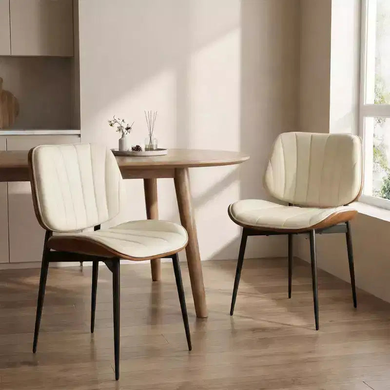 Set of 2 Mid-Century Modern Dining Chairs, PU Leather Upholstered with Curved Walnut Wood Backrest, Black Metal Legs for Kitchen and Dining Room